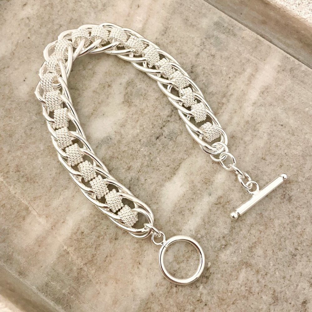 925 Sterling Silver Chunky Chain Link Bracelet Thick Bold Toggle Bracelet - Picture 2 of 5